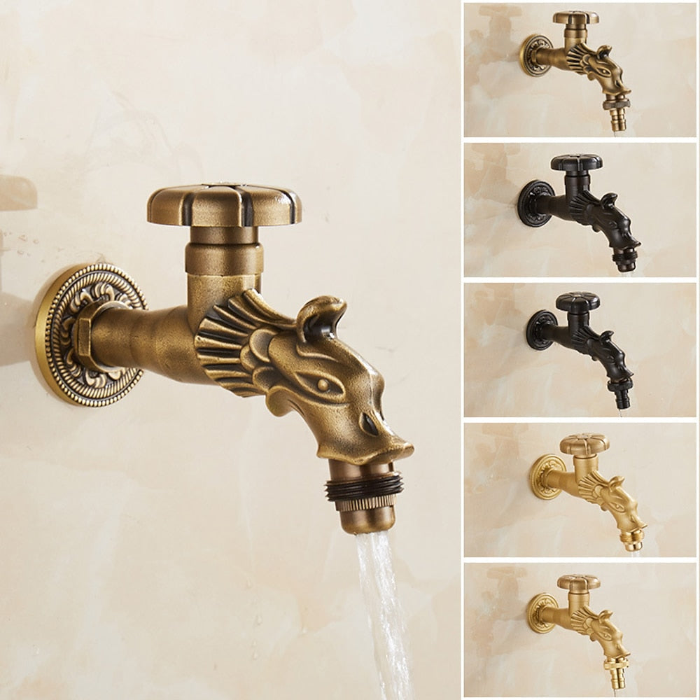 Vintage Dragon Wall-Mount Garden Faucet, Single Wheel Handle Outdoor Faucet, Antique Brass / Matte Black / Brushed Gold