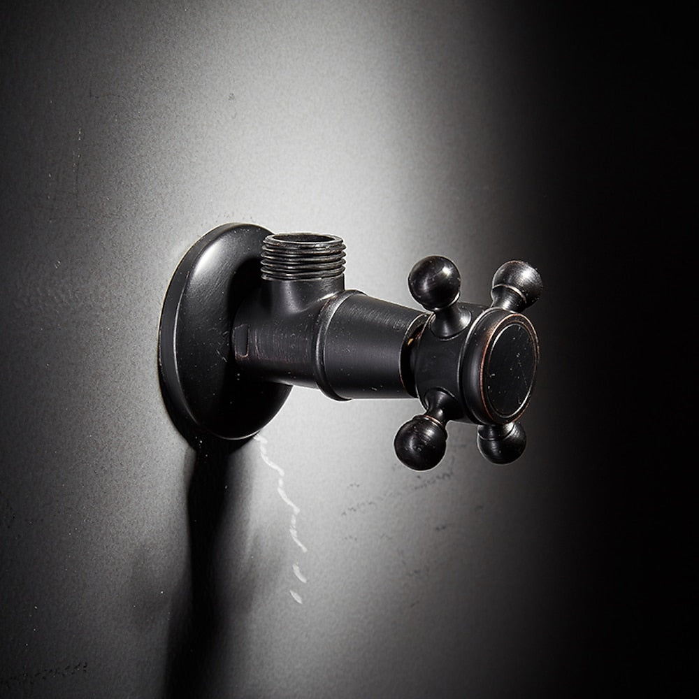 Retro Carved Brass Angle Valve, Wall-Mount Water Shut-Off Valve, Antique Brass / Matte Black / Polished Gold