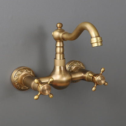 Traditional Antique Brass Wall-Mount Kitchen Faucet, Dual Cross Handle Brass Faucet with Swivel Spout