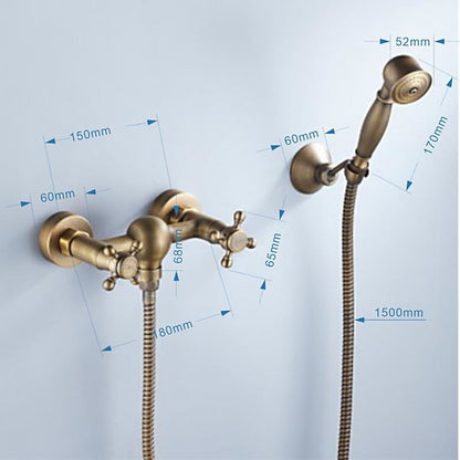 Antique Brass Retro Wall-Mount Shower Faucet, Dual-Handle Brass Faucet with Handheld Shower
