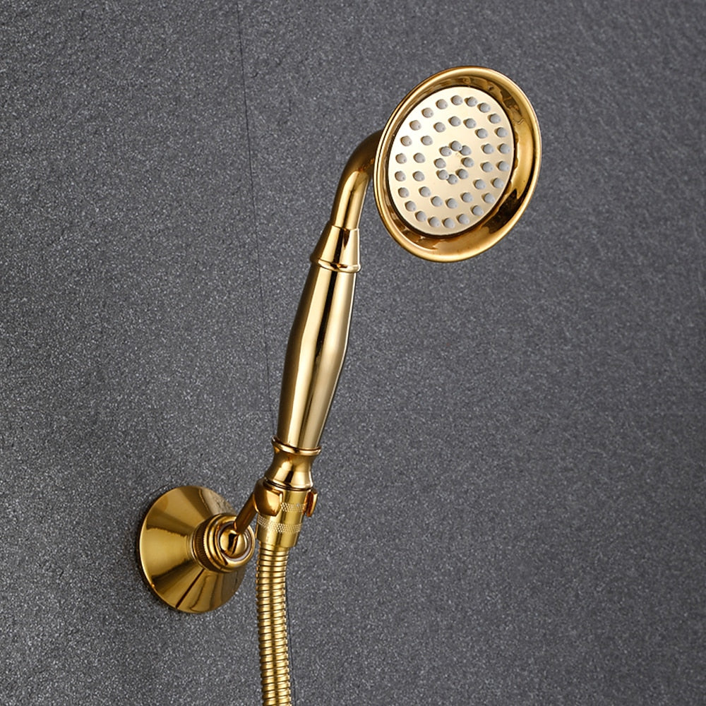 Swan Spout Wall-Mount Bathtub Faucet, Dual-Handle Tub Filler with Handheld Shower, Antique Brass / Matte Black / Chrome / Polished Gold