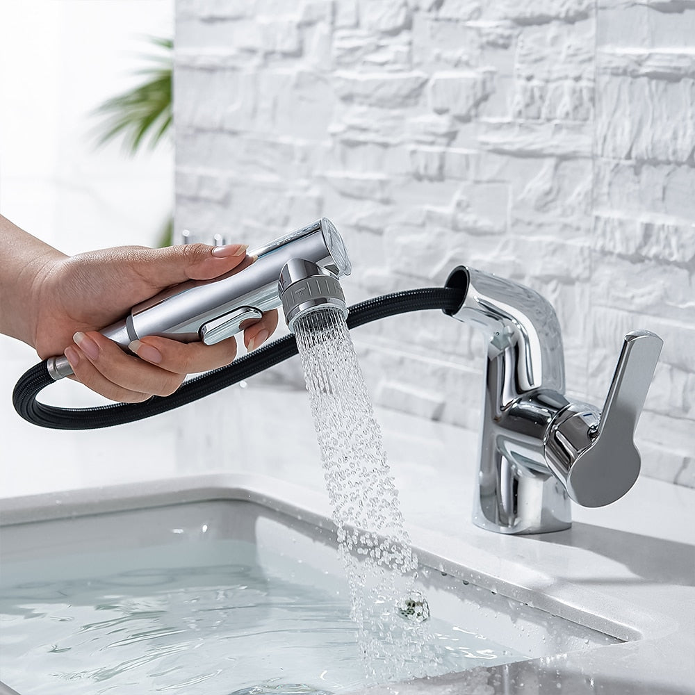Modern Pull-Out Bathroom Sink Faucet, Single-Handle Swivel Spout Faucet, Brushed Gold / Chrome / Matte Black / Gunmetal