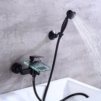 Waterfall Modern Wall-Mount Bathtub Faucet, Single-Handle Tub Filler Faucet with Handheld Shower, Oil-Rubbed Bronze / Chrome