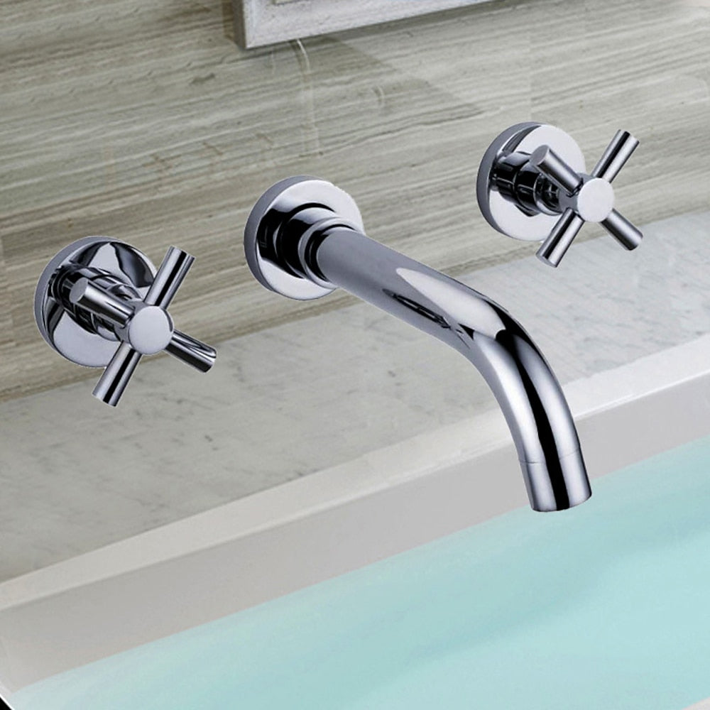 Chrome Wall-Mount Bathroom Faucet, 3-Hole Dual Cross Handle Brass Faucet