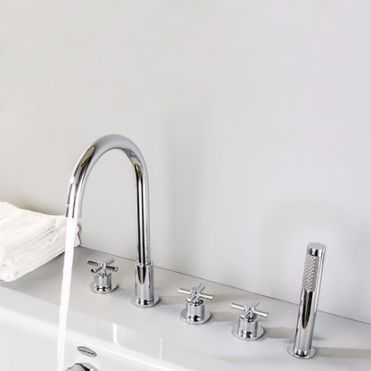 Chrome 5-Hole Deck-Mount Tub Filler Faucet, 3-Handle Brass Tub Faucet with Handheld Shower
