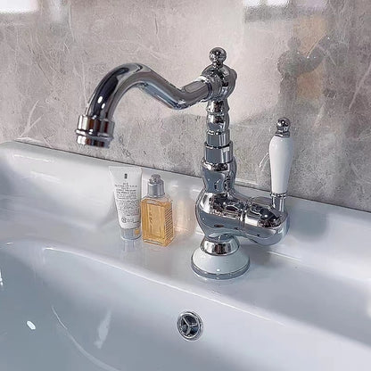 Traditional Ceramic Lever Handle Bathroom Faucet, Single-Hole Deck Mount High Arc Spout Faucet, Antique Brass / Chrome / Gunmetal / Matte White / Polished Gold