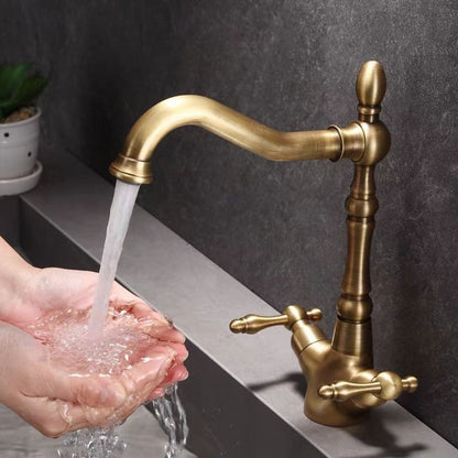 Vintage Antique Brass Single-Hole Bathroom Faucet, Double-Handle High-Arc Faucet