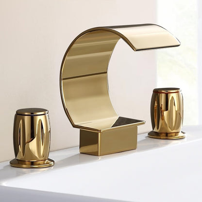 Waterfall Bathroom Faucet, Modern 3-Hole Widespread Dual-Handle Faucet, Polished Gold / Matte Black