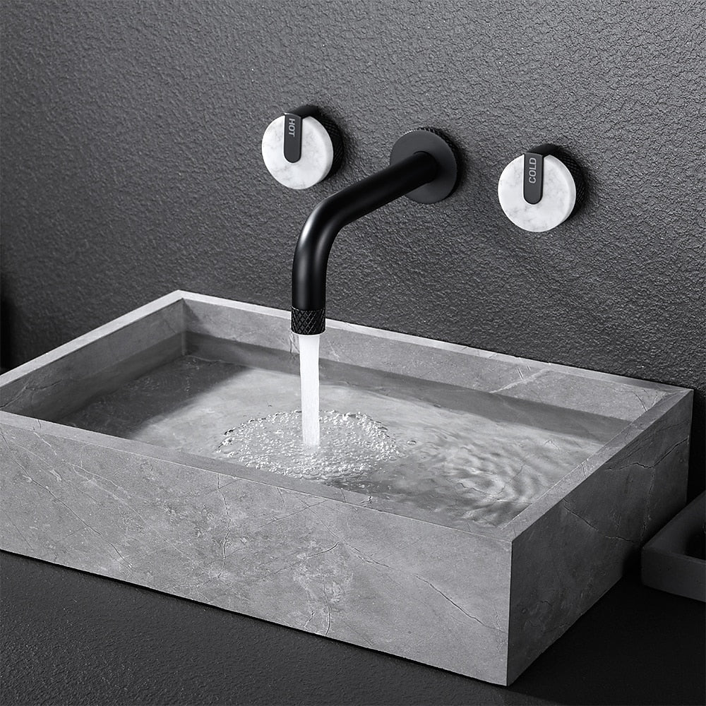 Matte Black Wall-Mount Bathroom Faucet, Rotatable Spout Dual-Handle Faucet with Marble Handles