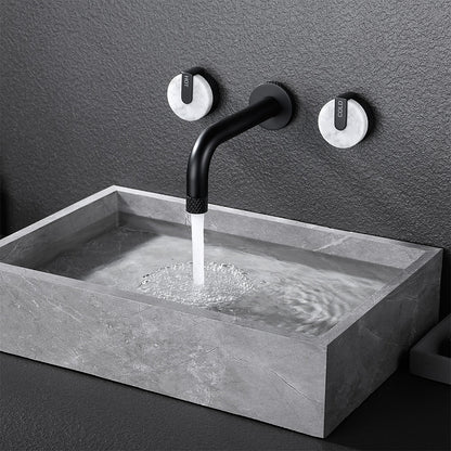 Matte Black Wall-Mount Bathroom Faucet, Rotatable Spout Dual-Handle Faucet with Marble Handles