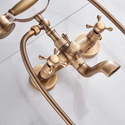 Antique Brass Wall-Mount Bathtub Faucet, Dual-Handle Tub Filler Faucet with Handshower