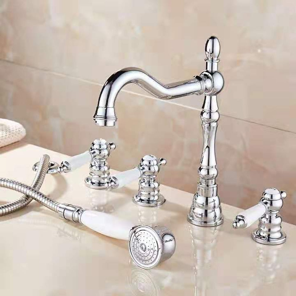 Traditional Chrome Roman Tub Faucet, 3-Handle Deck Mounted Tub Filler with Handheld Shower