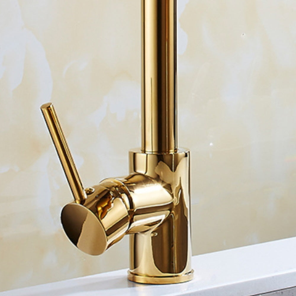 Polished Brass Pull-Down Kitchen Faucet, Single-Hole Single-Handle High Arc Swivel Brass Faucet
