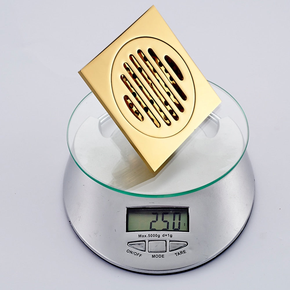 Polished Brass Square Shower Floor Drain, Contemporary Brass Floor Drain with Removable Cover