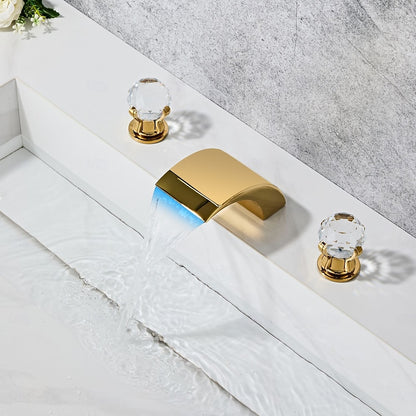 Polished Gold LED Waterfall Bathroom Faucet, Modern 3-Hole Widespread Double-Handle Faucet