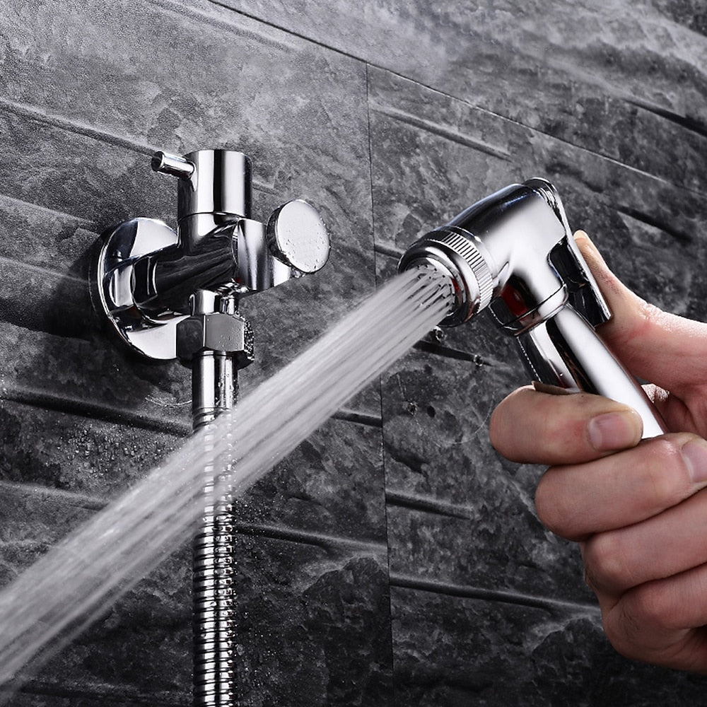 Chrome Contemporary Wall-Mount Handheld Bidet Sprayer, Single-Handle Brass Faucet with Hose