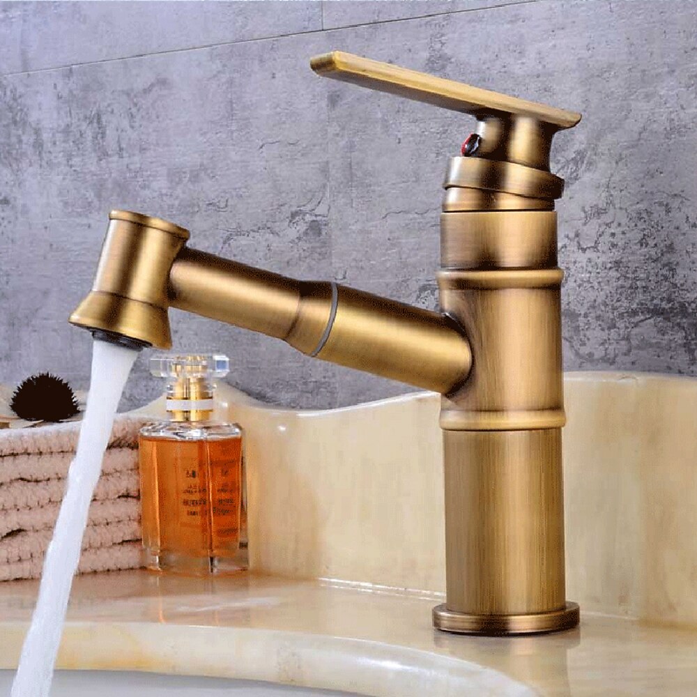 Pull-Out Spray Single-Hole Faucet, Single-Handle Brass Vintage Bathroom Faucet, Matte Black / Oil-Rubbed Bronze / Antique Brass / Brushed Nickel