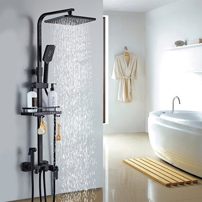 Matte Black Modern Wall-Mounted Shower System, Exposed Rainfall / Handheld Shower System with Bidet Sprayer / Storage Shelf