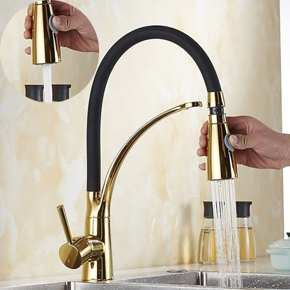 Two-Tone Modern Single-Hole Pull-Down Kitchen Faucet, Single-Handle Brass Faucet with Dual-Mode Swivel Spout