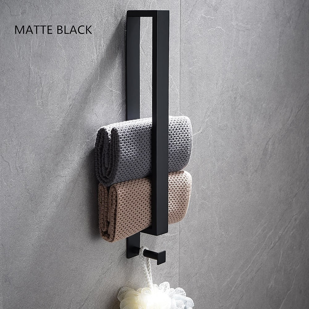 Modern Wall-Mounted Stainless Steel Towel Bar, Self-Adhesive Towel Rack with Integrated Hook, Matte Black / Chrome / Brushed Nickel / Brushed Gold