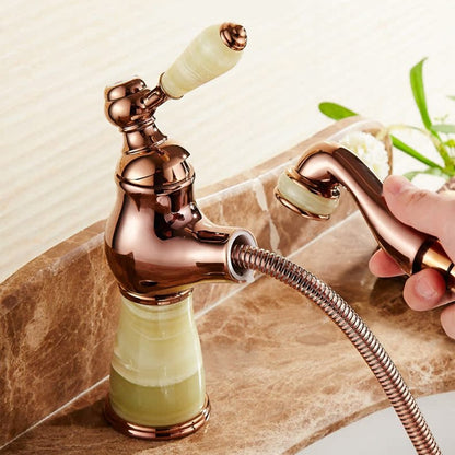 Pull-Out Vintage Single-Hole Bathroom Faucet, Single-Handle Brass Faucet, Rose Gold