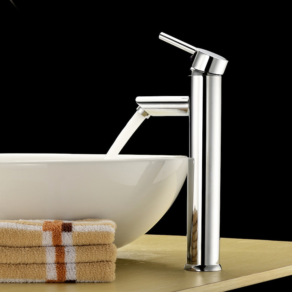 Chrome Modern Single-Hole Vessel Bathroom Faucet, Single-Handle Brass Faucet