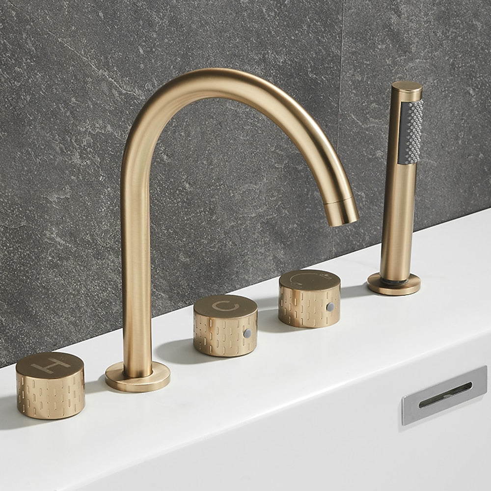 Contemporary 3-Handle Roman Tub Faucet, 5-Hole Brass Tub Filler with Handheld Shower
