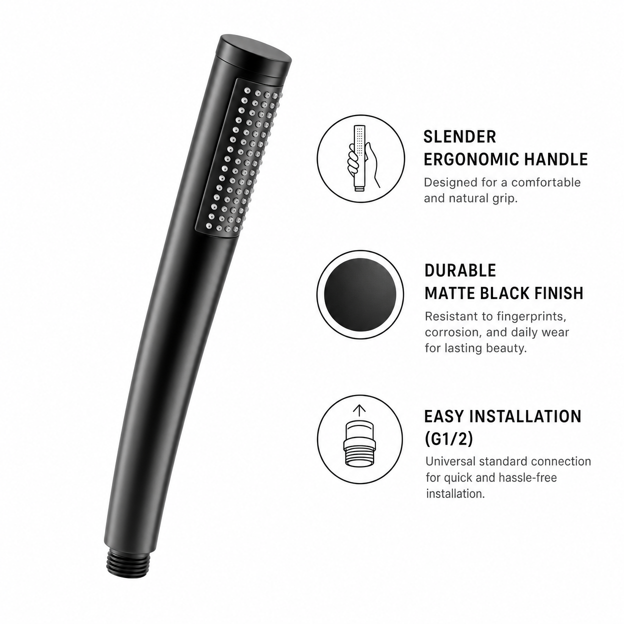 Minimalist Single Cylindrical Handheld Shower Head, Matte Black