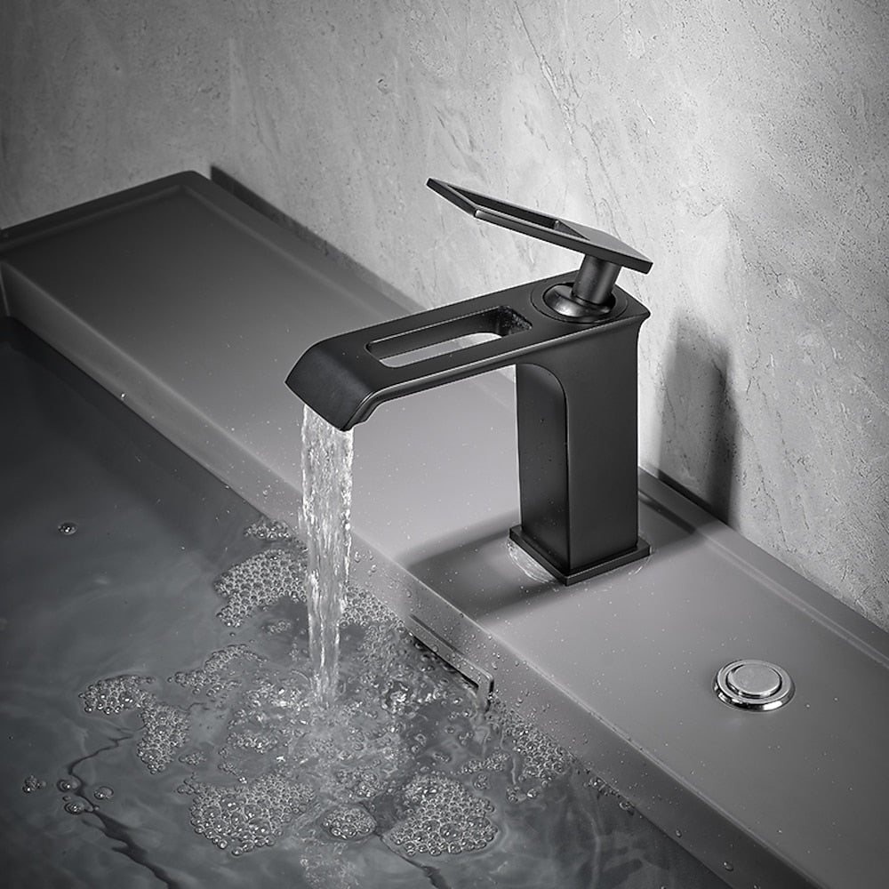 Modern Waterfall Bathroom Faucet, Single-Handle Brass Faucet, Brushed Gold / Chrome / Gunmetal / Matte Black / Matte White