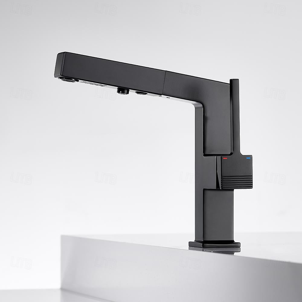 Modern Pull-Out Bathroom Faucet, Single-Handle Brass Sink Faucet, Chrome / Matte Black / Matte White / Gunmetal