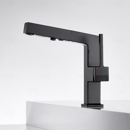 Modern Pull-Out Bathroom Faucet, Single-Handle Brass Sink Faucet, Chrome / Matte Black / Matte White / Gunmetal