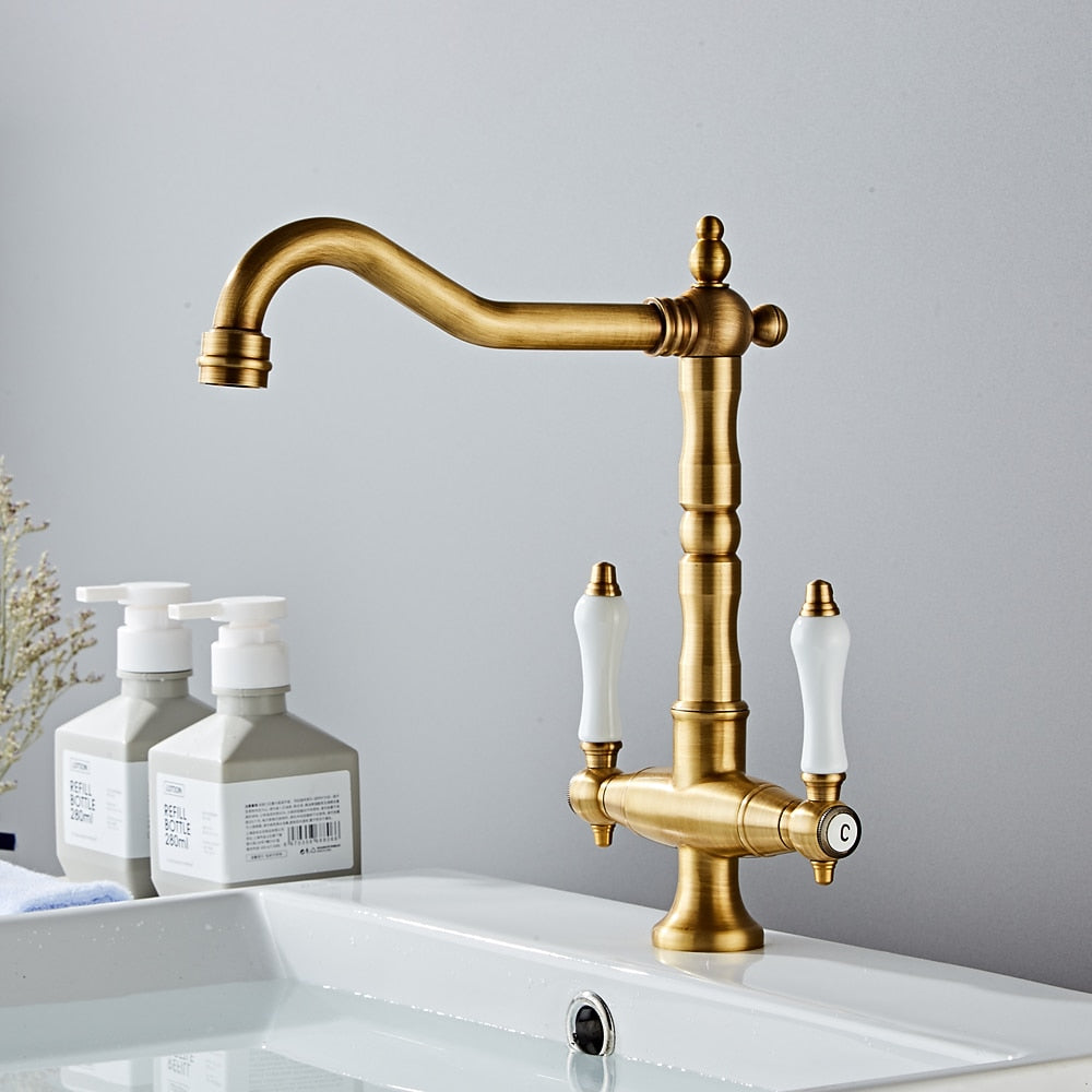 360-Degree Swivel High Arc Brass Faucet, Traditional Single-Hole Two-Handle Bathroom Faucet, Chrome / Matte Black / Antique Brass