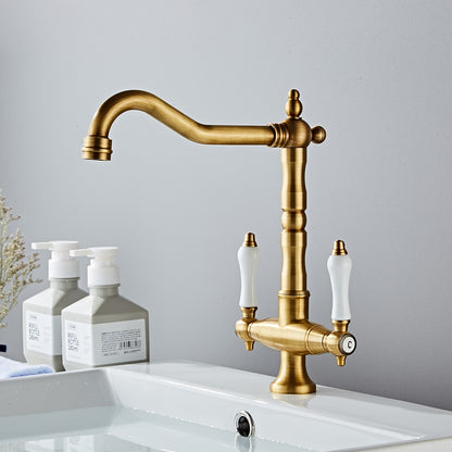 360-Degree Swivel High Arc Brass Faucet, Traditional Single-Hole Two-Handle Bathroom Faucet, Chrome / Matte Black / Antique Brass