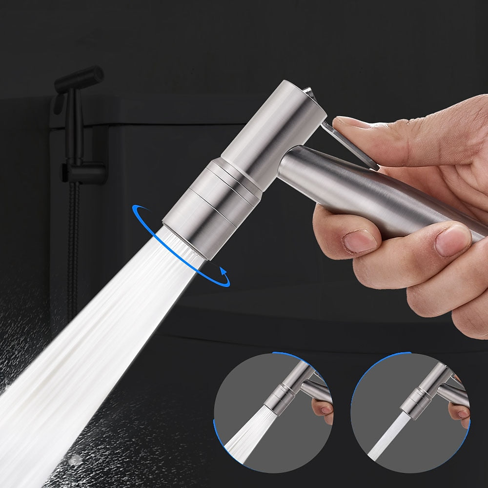 Stainless Steel Handheld Bidet Sprayer, Dual Spray Mode Shattaf Toilet Sprayer with T-Valve, Hose, Holder