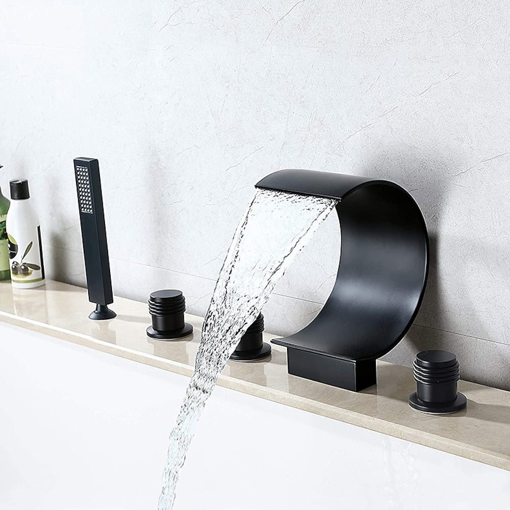Modern Waterfall Roman Tub Faucet, 3-Handle Brass Bathtub Faucet with Handheld Shower, Matte Black / Chrome