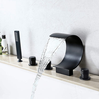 Modern Waterfall Roman Tub Faucet, 3-Handle Brass Bathtub Faucet with Handheld Shower, Matte Black / Chrome