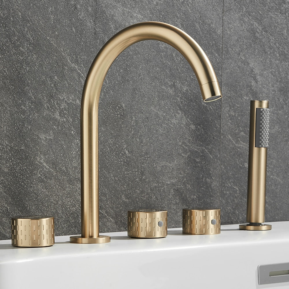 Contemporary 3-Handle Roman Tub Faucet, 5-Hole Brass Tub Filler with Handheld Shower