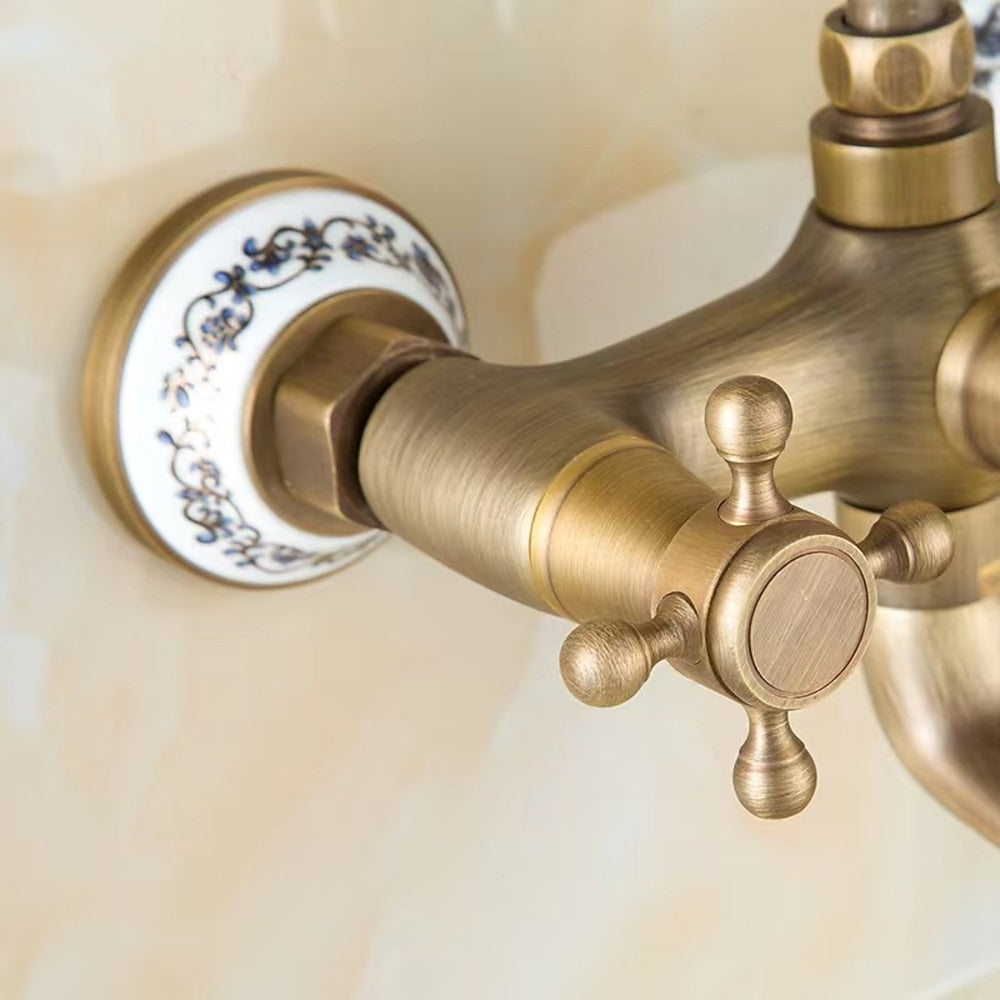 Vintage Brass Wall-Mount Tub Filler Faucet, Dual-Handle Tub Faucet with Handheld Shower, Antique Brass / Oil-Rubbed Bronze
