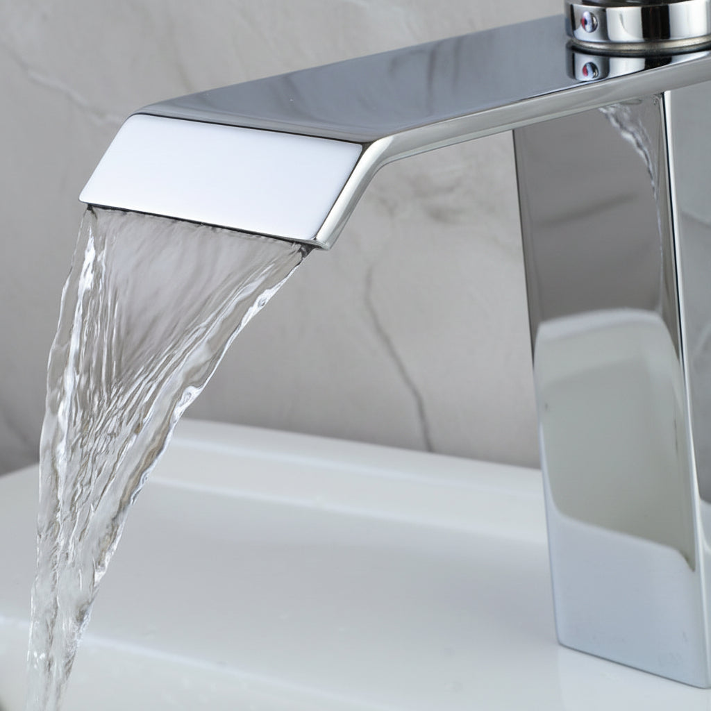 Waterfall Brushed Nickel Bathroom Faucet, Single-Handle Single-Hole Contemporary Faucet