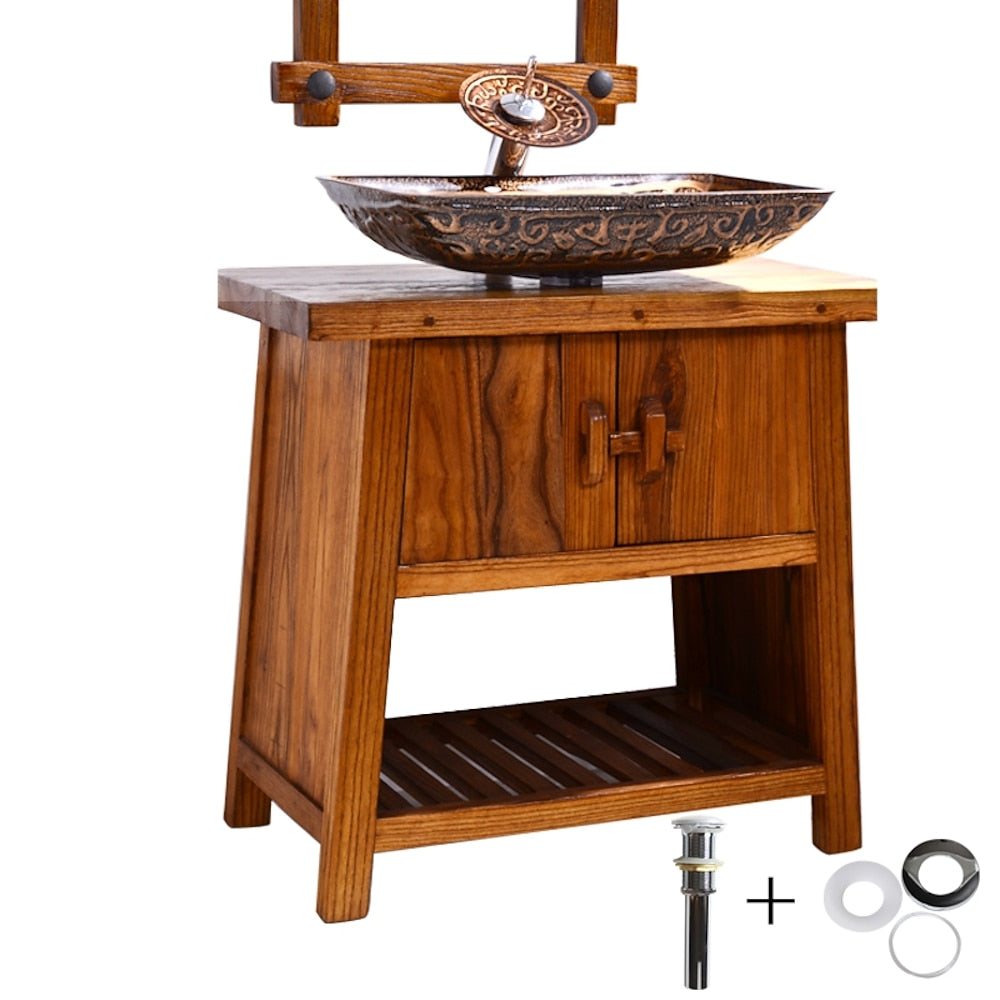 Vintage Bronze Tempered Glass Rectangular Vessel Sink with Waterfall Faucet, Single-Hole Bathroom Vanity Combo with Pop-Up Drain