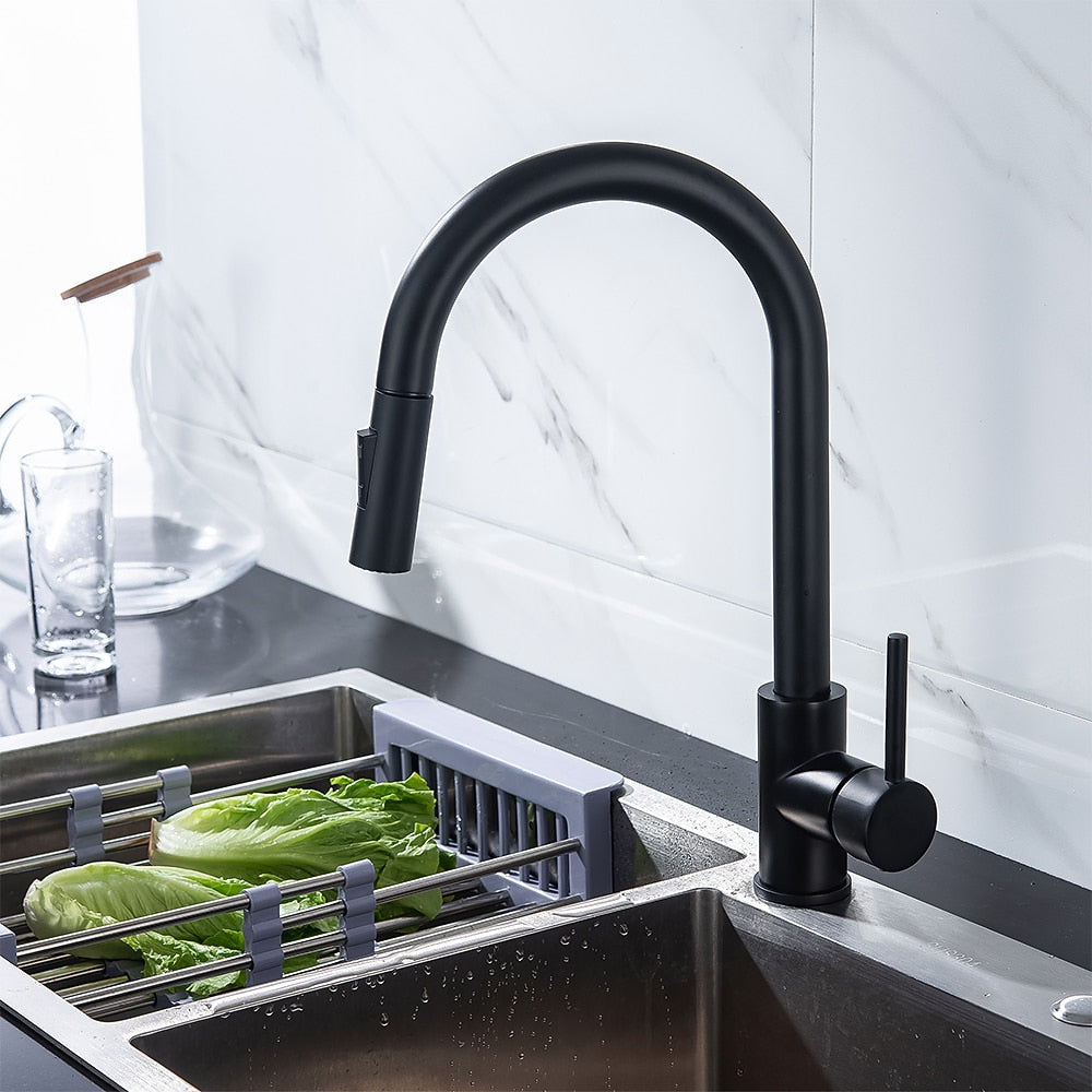Modern Pull-Down Kitchen Faucet, Single-Handle Swivel Spout Faucet, Matte Black / Brushed Gold / Brushed Nickel / Chrome / Gunmetal