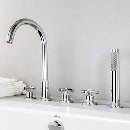 Chrome 5-Hole Deck-Mount Tub Filler Faucet, 3-Handle Brass Tub Faucet with Handheld Shower