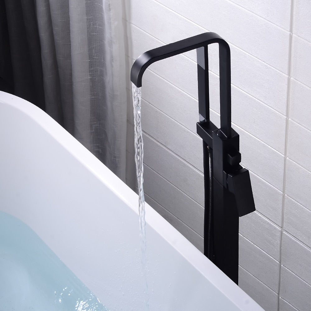 Modern Freestanding Tub Filler Faucet, Single-Handle Brass Bathtub Faucet with Handheld Shower, Chrome / Matte Black