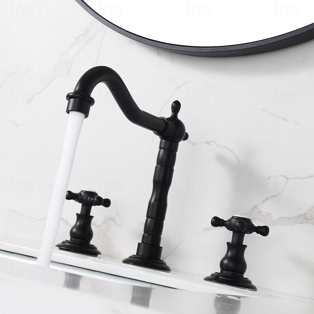 Retro Widespread Bathroom Faucet, Two-Handle Brass Sink Faucet, Antique Brass / Matte Black