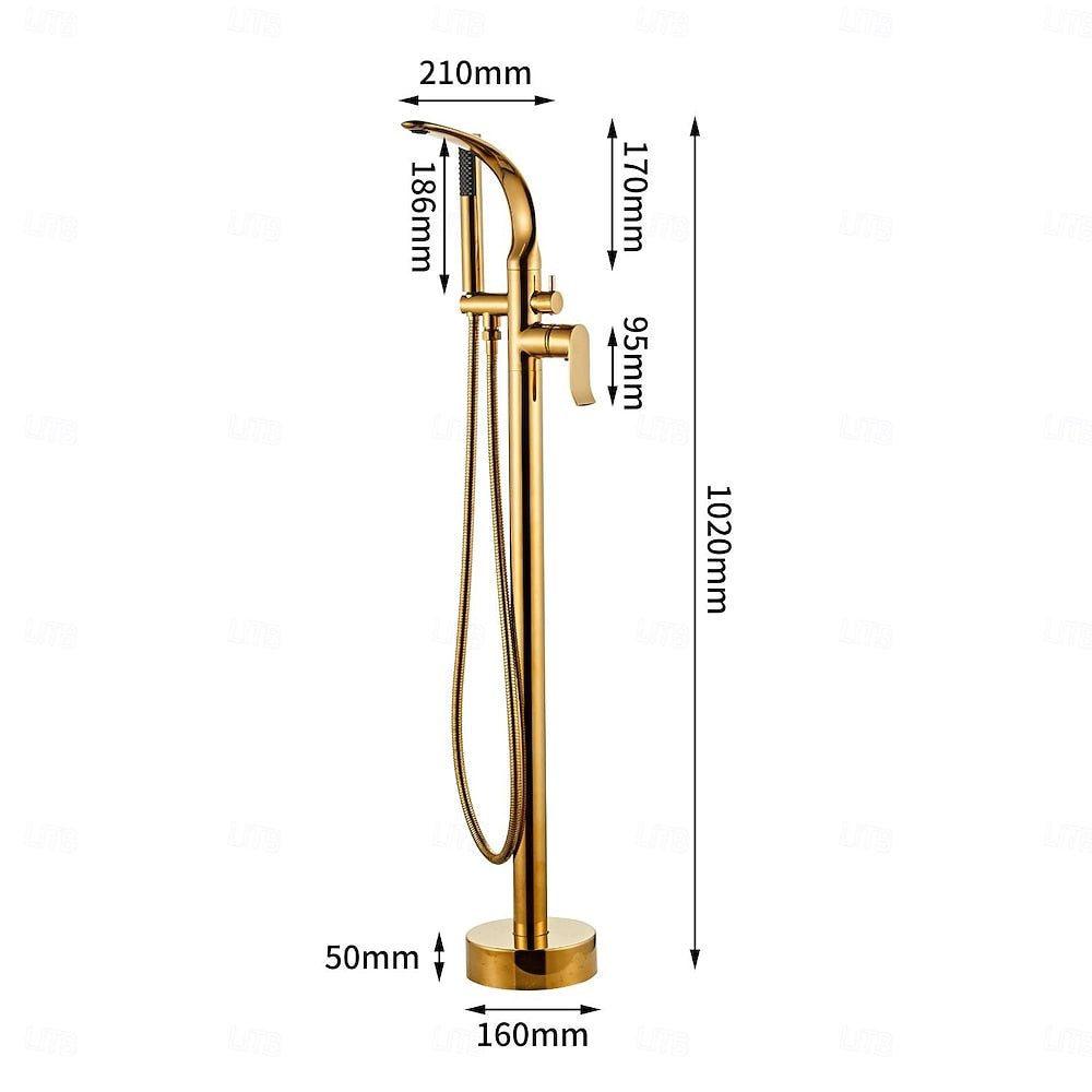 Brushed Gold Freestanding Tub Filler Faucet, Floor-Mounted Bathtub Faucet with Handheld Shower