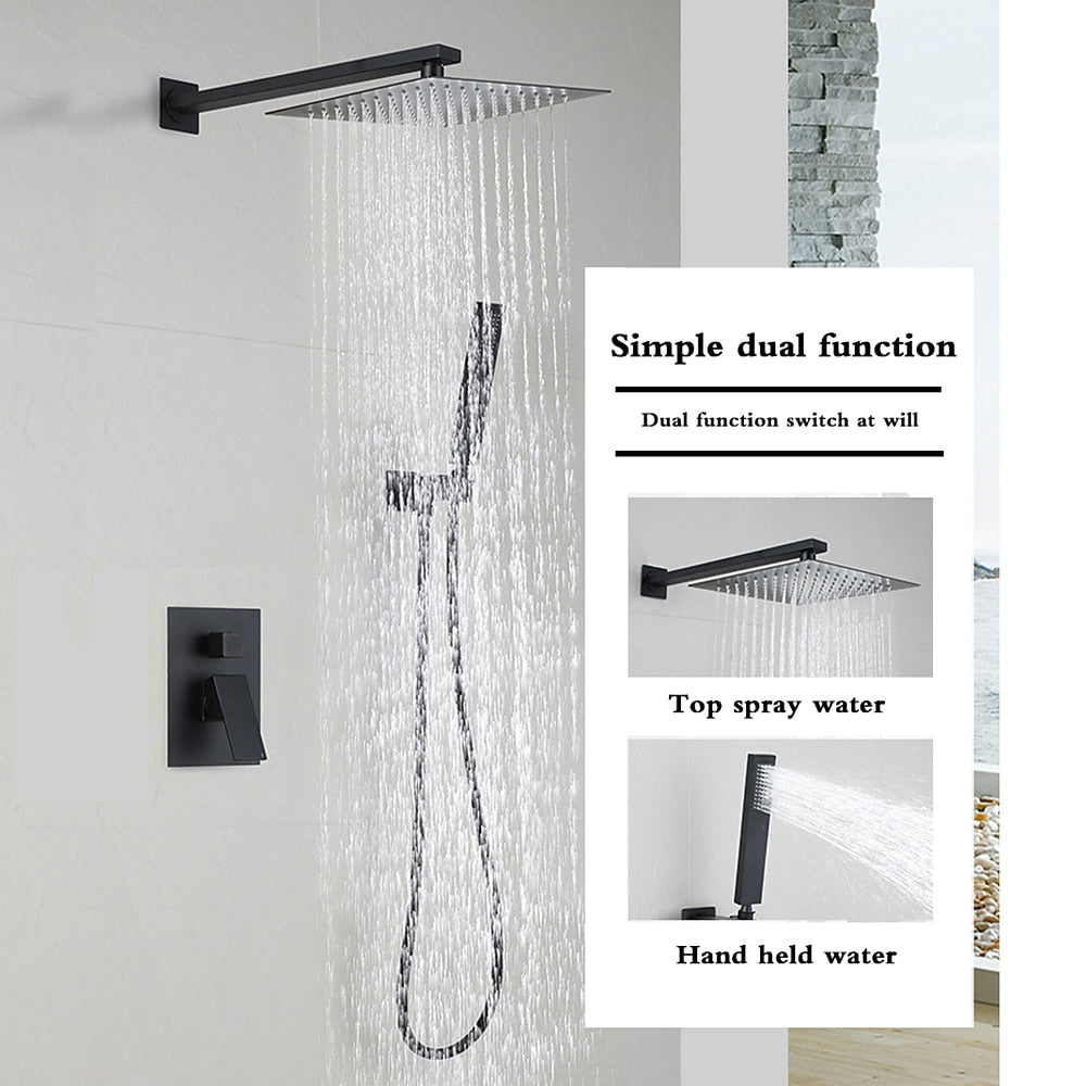Matte Black Wall-Mounted Rainfall Shower System, Concealed Shower Faucet Set with Handheld Shower