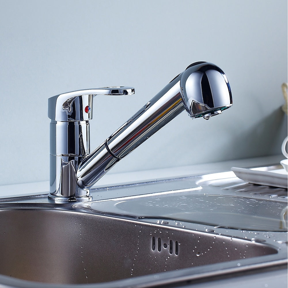 Chrome Pull-Out Kitchen Faucet, Single-Handle Single-Hole Brass Faucet