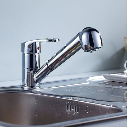 Chrome Pull-Out Kitchen Faucet, Single-Handle Single-Hole Brass Faucet