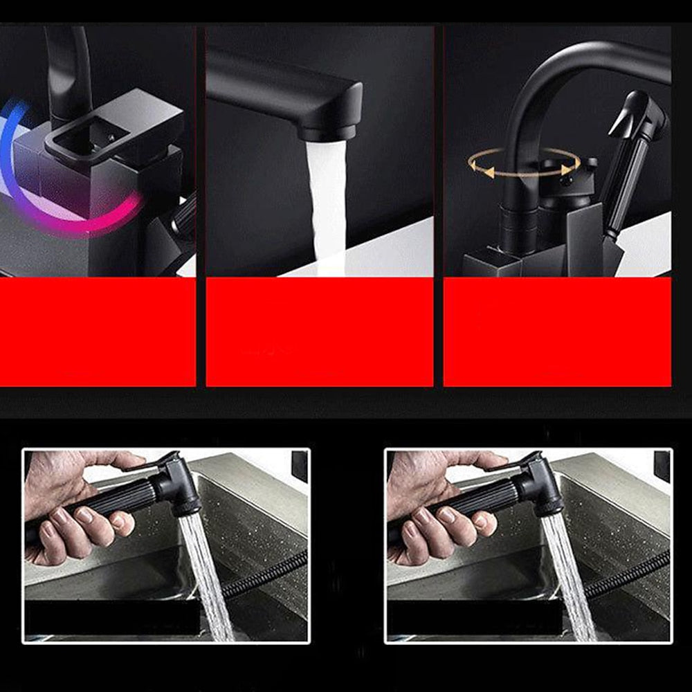 Modern Single-Handle Kitchen Faucet, Swivel Spout Faucet with Pull-Out Sprayer, Matte Black / Chrome