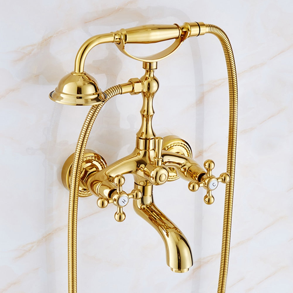Polished Gold Wall-Mount Tub Filler Faucet, Telephone Dual-Handle Bathtub Faucet with Handheld Shower